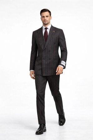 FABIO CASSEL Çizgili Kruvaze Erkek Takım Elbise Slim Fit