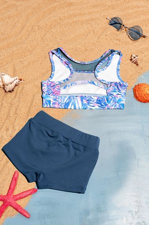Yaprak Desenli Sırt Detaylı Esnek Kumaş Kız Çocuk Bikini Takımı