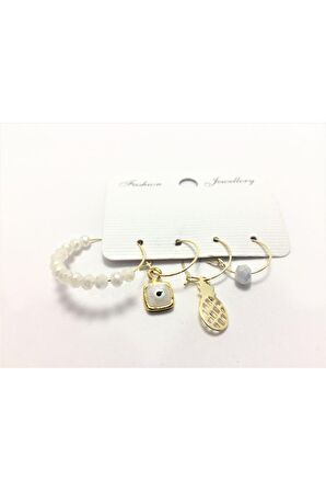 GOLD KAPLAMALI KRİSTAL TAŞ HALKA KARE NAZAR MİNELİ 4 LÜ KOMBİN ÇOKLU KÜPE