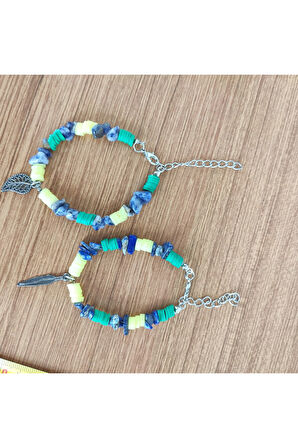 Doğal Sodalit Taşı & Heishi Boncuklu Bohem Yazlık Bileklik - 12591