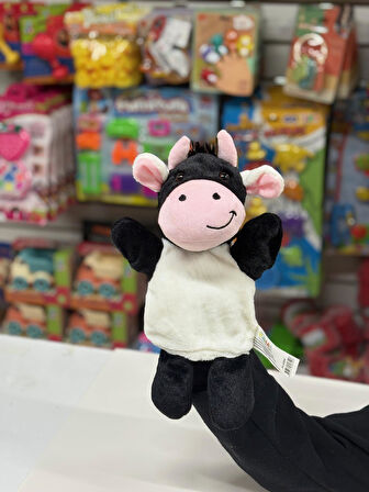Peluş 25 cm El Kuklası Siyah Beyaz İnek Kukla
