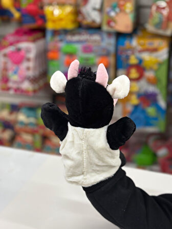 Peluş 25 cm El Kuklası Siyah Beyaz İnek Kukla