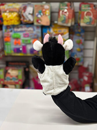 Peluş 25 cm El Kuklası Siyah Beyaz İnek Kukla