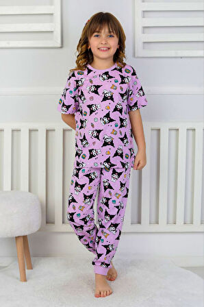 Desenli Kız Çocuk Kısa Kollu Pijama Takımı