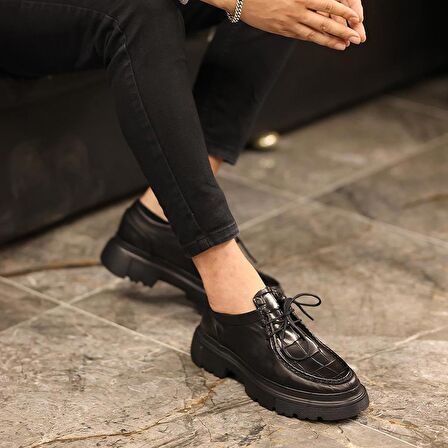 Sail Lakers - Siyah Deri Kroko Detaylı Bağcıklı Erkek Sneaker