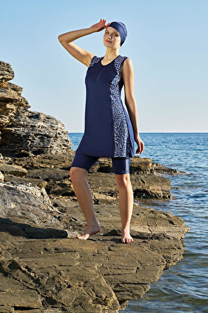 Ruko Maio 23129 Lacivert Renk Kadın Sıfır Kol Fermuarlı Tesettür Mayo