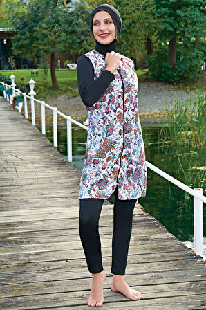 MİRATES SİYAH ÇİÇEK DESENLİ FERMUARLI PARAŞÜT(ÇABUK KURUYAN) KUMAŞ TESETTÜR MAYO