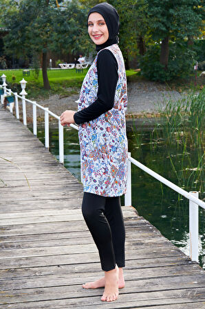 MİRATES SİYAH ÇİÇEK DESENLİ FERMUARLI PARAŞÜT(ÇABUK KURUYAN) KUMAŞ TESETTÜR MAYO