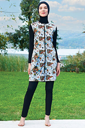 MİRATES SİYAH ÇİÇEK DESENLİ FERMUARLI PARAŞÜT(ÇABUK KURUYAN) KUMAŞ TESETTÜR MAYO