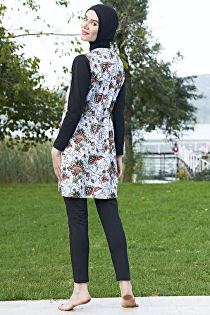 MİRATES SİYAH ÇİÇEK DESENLİ FERMUARLI PARAŞÜT(ÇABUK KURUYAN) KUMAŞ TESETTÜR MAYO