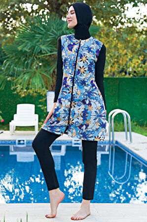 MİRATES BÜYÜK BEDEN MAVİ ÇİÇEK DESENLİ PARAŞÜT(ÇABUK KURUYAN) KUMAŞ TESETTÜR MAYO