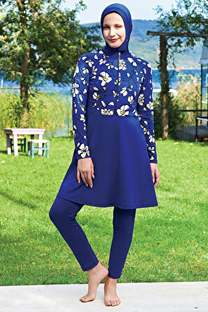 RUKOMAYO LACİVERT DESENLİ FERMUARLI REGLAN KOL LYCRA(SU İTİCİ VE ÇABUK KURUYAN)KUMAŞ TESETTÜR MAYO