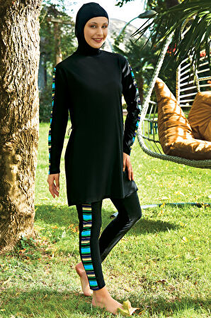 RUKOMAYO SİYAH ÇİZGİLİ DESENLİ  LYCRA (SU İTİCİ VE ÇABUK KURUYAN) KUMAŞ TESETTÜR MAYO