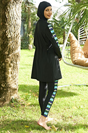 RUKOMAYO SİYAH ÇİZGİLİ DESENLİ  LYCRA (SU İTİCİ VE ÇABUK KURUYAN) KUMAŞ TESETTÜR MAYO