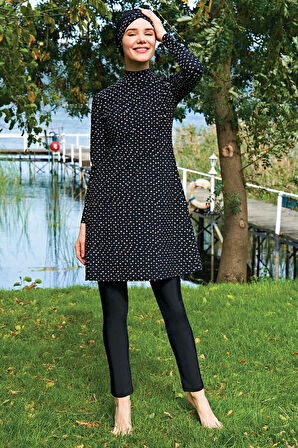 RUKOMAYO BÜYÜK BEDEN SİYAH PUANTİYE DESENLİ LYCRA(SU İTİCİ VE ÇABUK KURUYAN)KUMAŞ TESETTÜR MAYO