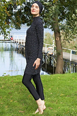 RUKOMAYO BÜYÜK BEDEN SİYAH PUANTİYE DESENLİ LYCRA(SU İTİCİ VE ÇABUK KURUYAN)KUMAŞ TESETTÜR MAYO