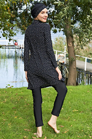 RUKOMAYO BÜYÜK BEDEN SİYAH PUANTİYE DESENLİ LYCRA(SU İTİCİ VE ÇABUK KURUYAN)KUMAŞ TESETTÜR MAYO