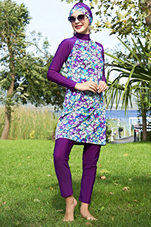 RUKOMAYO MÜRDÜM DESENLİ REGLAN KOL LYCRA(SU İTİCİ VE ÇABUK KURUYAN)KUMAŞ TESETTÜR MAYO