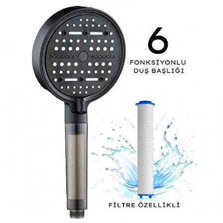 Kireç Tutucu Tazyik Arttırıcı 6 Fonksiyonlu Siyah Duş Başlığı