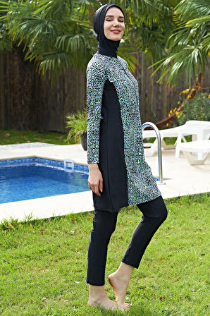 RUKOMAYO SİYAH DESENLİ BÜYÜK BEDEN LYCRA (SU İTİCİ VE ÇABUK KURUYAN)KUMAŞ TESETTÜR MAYO