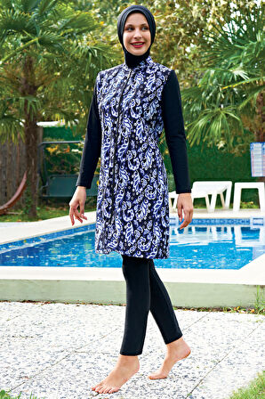 RUKOMAYO BÜYÜK BEDEN SİYAH DESENLİ LYCRA PARAŞÜT(SU İTİCİ VE ÇABUK KURUYAN)KUMAŞ TESETTÜR MAYO