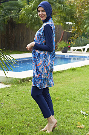 RUKOMAYO BÜYÜK BEDEN MAVİ DESENLİ LYCRA PARAŞÜT(SU İTİCİ VE ÇABUK KURUYAN)KUMAŞ TESETTÜR MAYO