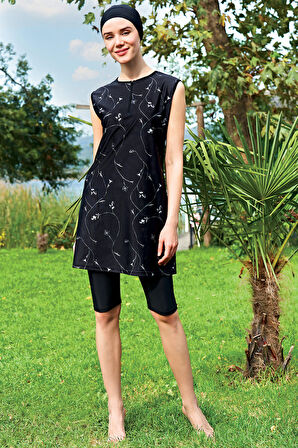 RUKOMAYO BÜYÜK BEDEN SİYAH ÇİÇEK DESENLİ O KOL LYCRA(SU İTİCİ VE ÇABUK KURUYAN)KUMAŞ TESETTÜR MAYO