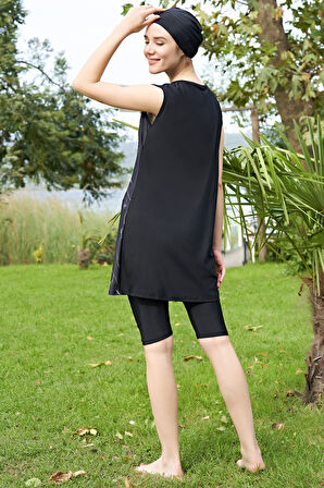 RUKOMAYO BÜYÜK BEDEN SİYAH ÇİÇEK DESENLİ O KOL LYCRA(SU İTİCİ VE ÇABUK KURUYAN)KUMAŞ TESETTÜR MAYO