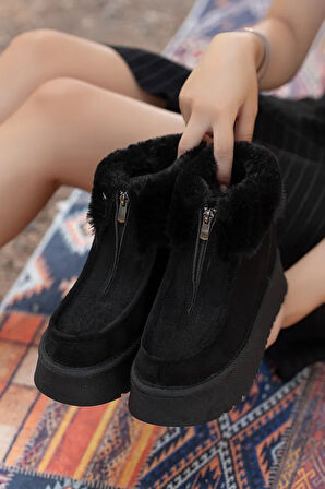 Mini Kürk Astarlı  Önden Fermuarlı Kalın Taban Bağcıklı Rahat Kadın Bot