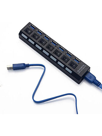 Alfalink 7 Port Adaptörlü Usb Hub Çoklayıcı USB 3.0 On Off Tuşlu