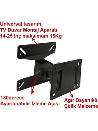 Alfalink LED TV LCD Monitör Duvar Askı Aparatı Duvar Hareketli 14"-24" 15kg