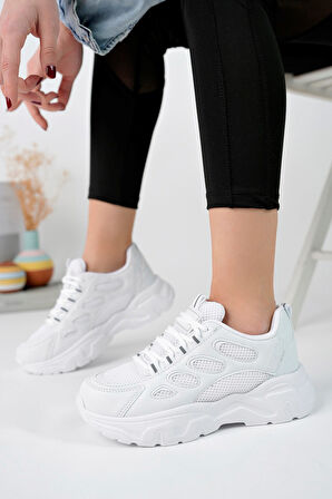 Günlük Kadın Spor Ayakkabı Bağcık Yüksek Kalın Taban Nefes Alan Oval Burun Rahat Hafif Sneaker 1001