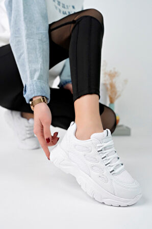 Günlük Kadın Spor Ayakkabı Bağcık Yüksek Kalın Taban Nefes Alan Oval Burun Rahat Hafif Sneaker 1001