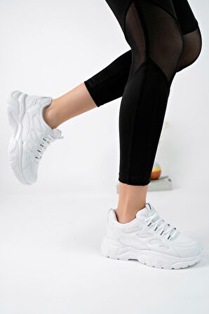 Günlük Kadın Spor Ayakkabı Bağcık Yüksek Kalın Taban Nefes Alan Oval Burun Rahat Hafif Sneaker 1001