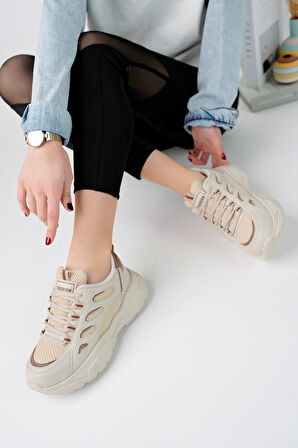 Günlük Kadın Spor Ayakkabı Bağcık Yüksek Kalın Taban Nefes Alan Oval Burun Rahat Hafif Sneaker 1001