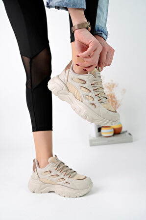 Günlük Kadın Spor Ayakkabı Bağcık Yüksek Kalın Taban Nefes Alan Oval Burun Rahat Hafif Sneaker 1001