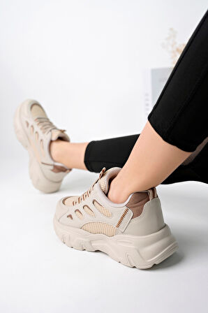 Günlük Kadın Spor Ayakkabı Bağcık Yüksek Kalın Taban Nefes Alan Oval Burun Rahat Hafif Sneaker 1001