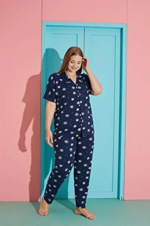 Pijamoni Battal Milan Kısa Kol Düğmeli K. Lacivert Pijama Takımı - 7560-25