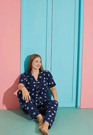 Pijamoni Battal Milan Kısa Kol Düğmeli K. Lacivert Pijama Takımı - 7560-25