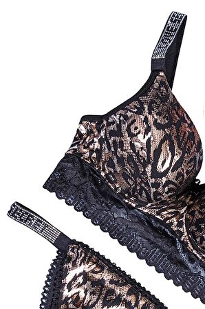 Tılsım Lingerie Love Secret Taşlı Leopar Desenli Dolgulu Sütyen Takımı