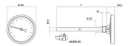 Pakkens Termometre 0-160 °C Çap 100 mm Daldırma Boyu 10 cm Arkadan Bağlantılı G 1/2 inç