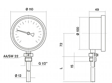 Pakkens Termometre 0-300 °C Çap 100 mm Daldırma Boyu 10 cm Alttan Bağlantılı G 1/2 inç