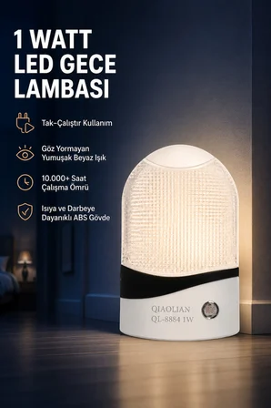 1 Watt Fotoselli Sensörlü LED Gece Lambası Otomatik Yanan Koridor Yatak Çocuk Odası Aydınlatma Beyaz