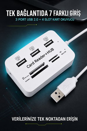 USB 2.0 Çoklayıcı Hub 3 Port 4 Slot Kart Okuyucu SD Micro SD MMC MS 480 Mbps Tak Çalıştır Beyaz ABS