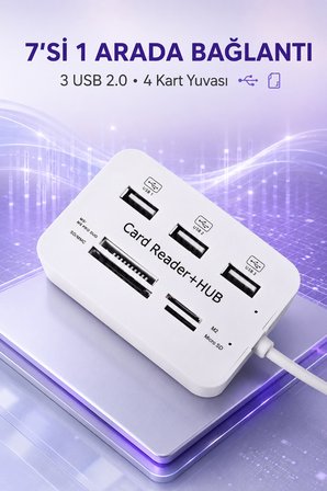 USB 2.0 Çoklayıcı Hub 3 Port 4 Slot Kart Okuyucu SD Micro SD MMC MS 480 Mbps Tak Çalıştır Beyaz ABS