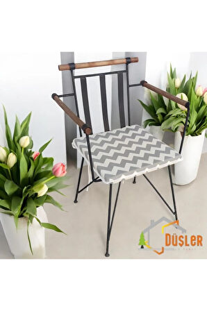 40x40 Krem Gri Zikzak Desenli Su ve Leke İtici Fermuarlı Bağcıklı Krem Biyeli Sandalye Minderi 4 cm