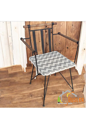 40x40 Krem Gri Zikzak Desenli Su ve Leke İtici Fermuarlı Bağcıklı Krem Biyeli Sandalye Minderi 4 cm