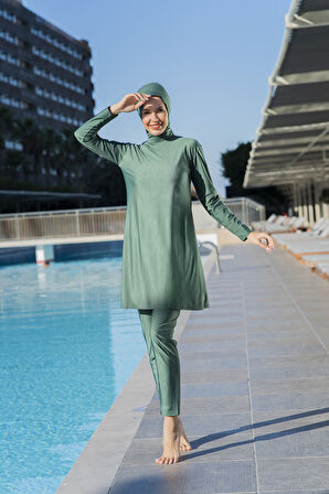 RUKOMAYO YEŞİL  RENK BALIKÇI YAKA LYCRA ( SU İTİCİ VE ÇABUK KURUYAN ) KUMAŞ TESETTÜR MAYO