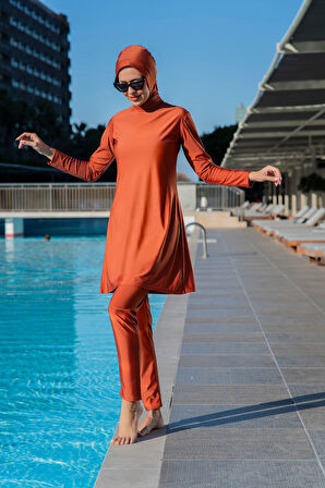 RUKOMAYO TABA RENK BALIKÇI YAKA LYCRA ( SU İTİCİ VE ÇABUK KURUYAN ) KUMAŞ TESETTÜR MAYO