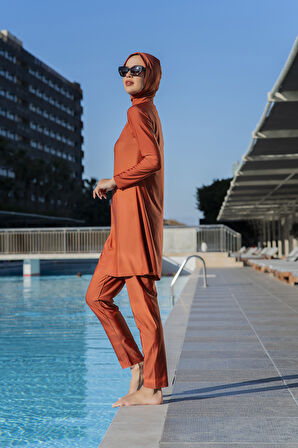 RUKOMAYO TABA RENK BALIKÇI YAKA LYCRA ( SU İTİCİ VE ÇABUK KURUYAN ) KUMAŞ TESETTÜR MAYO